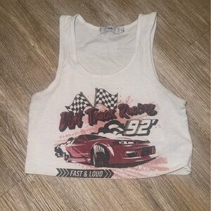 Adika White Crop Tank with Red Race Car Graphic